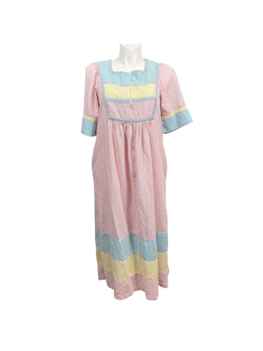 Vintage Saybury Seersucker House Dress Pink Blue Yellow Zip‎ Front M